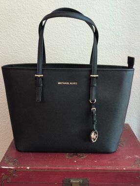 Michael Kors Black Leather Tote with Gold Logo Charm